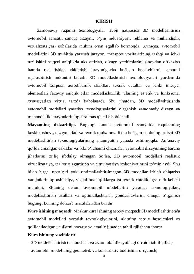 3D modellashtirishda avtomobil modellari yaratish texnologiyalari 3
