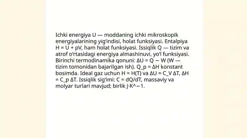 Termokimyo. Gess qonuni. Kirgoff qonuni. Issiqlik sigʻimi va uning xillari. Xarakteristik funksiyalar 3
