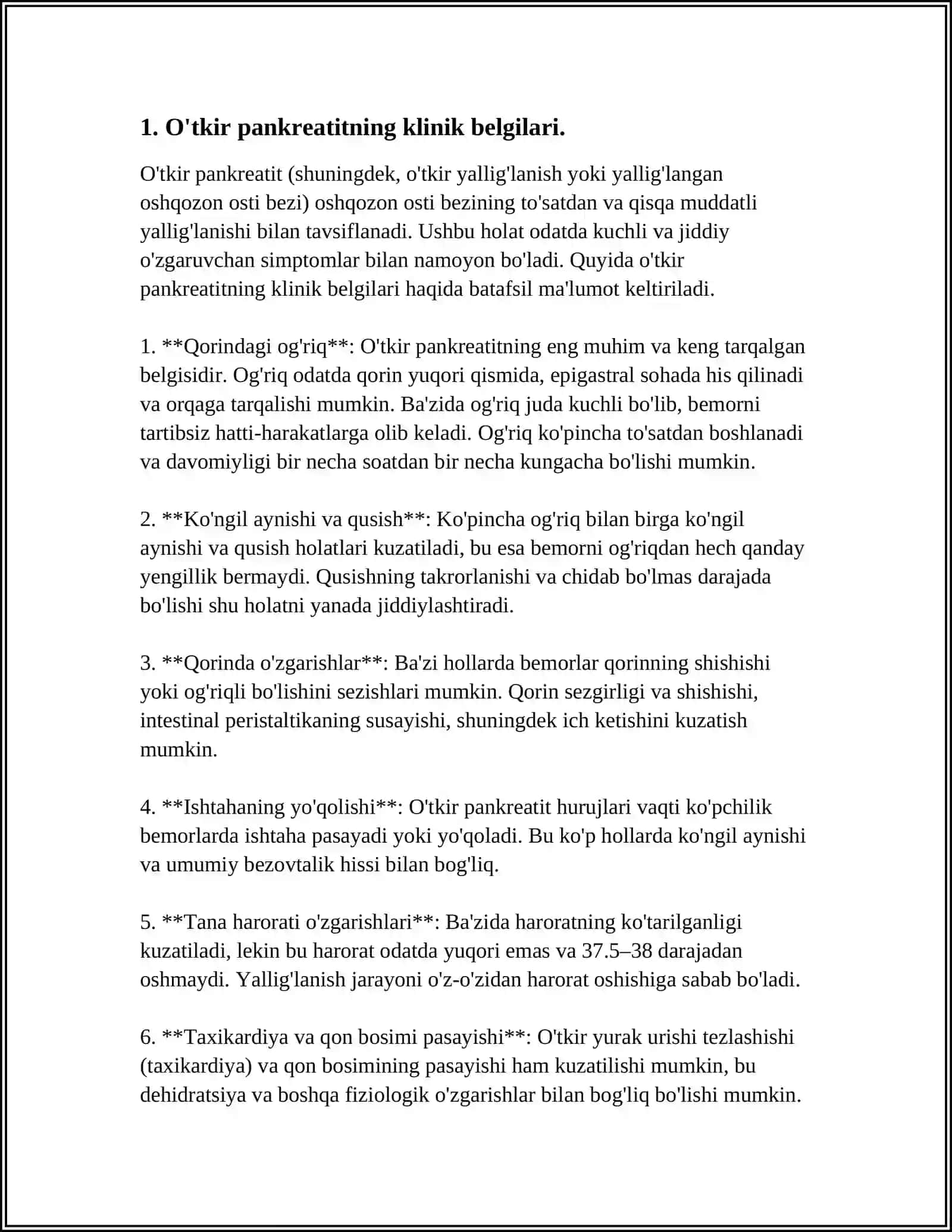 O'TKIR VA SURUNKALI PANKREATIT. KLINIKASI, DIAGNOSTIKASI, TASHXIS QO'YISH, SOLISHTIRMA TASHXIS VA DAVOLASH USULLARI 3