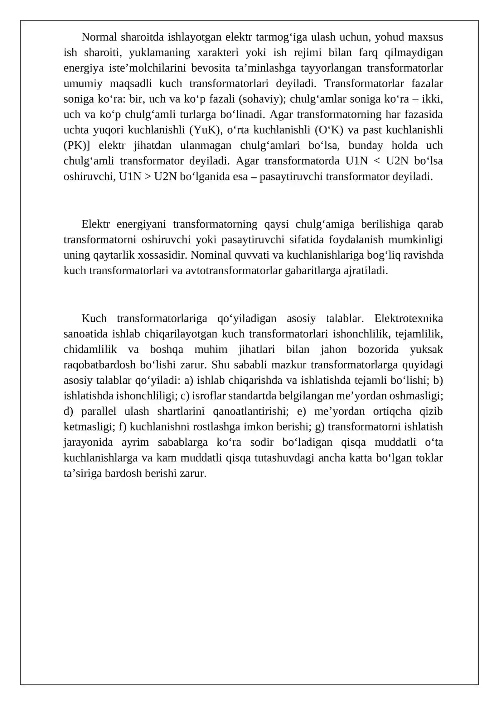 Uch fazali ikki chulg‘amli transformatorning cho‘lg‘amlarining ulanishi va transformatsiya koeffitsenti 3