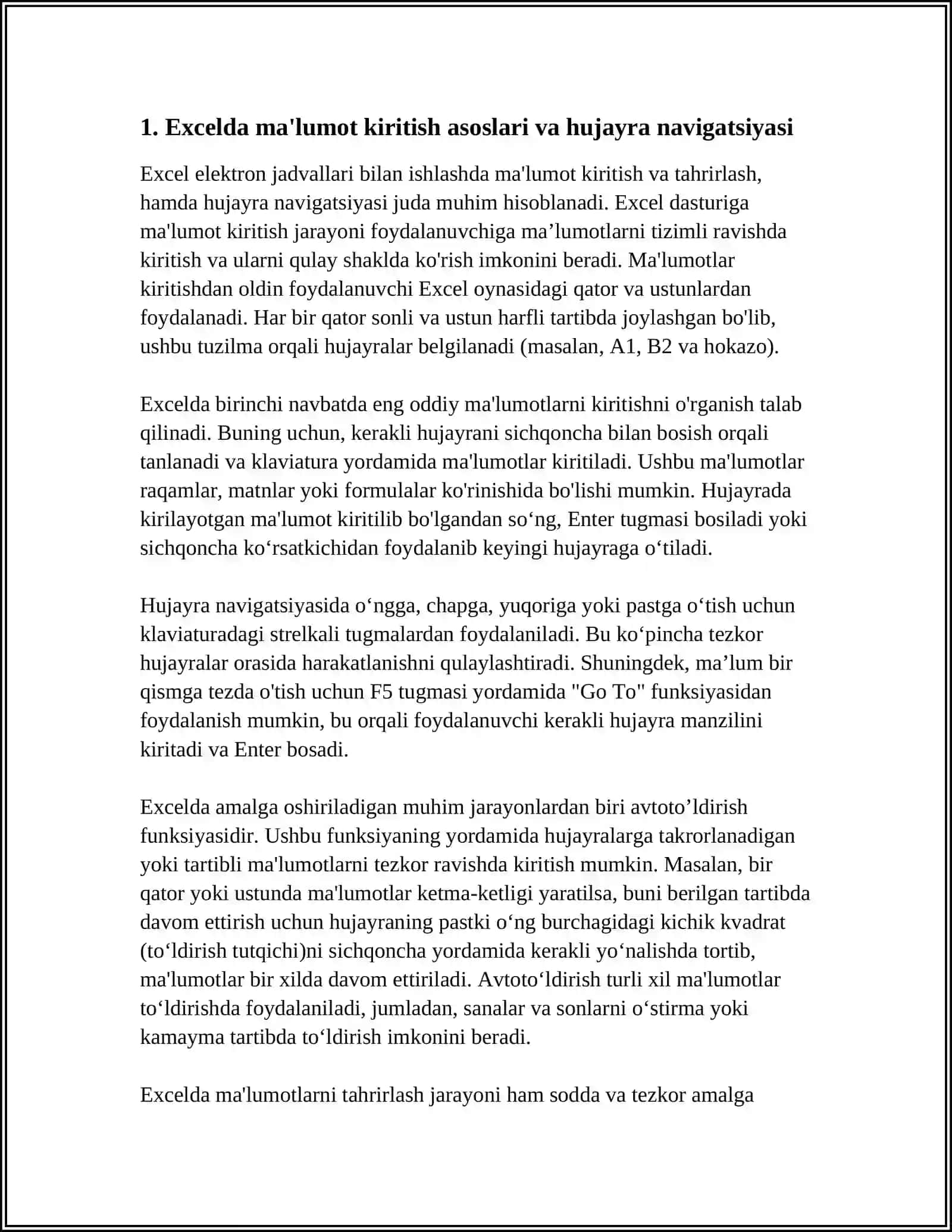 EXCEL ELEKTRON JADVALLAR BILAN ISHLASHI MALUMOTLARNI KIRITISH VA TAHRIRLASH.EXCEL DASTURIDA AVTOTO’LDIRISHLAR VA AVTOHISOBLASHLAR 3
