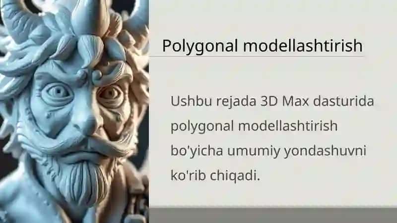 Polygonal modellashtirish Editable Poly bilan ishlash vertex edge polygon. Extrude Bevel Inset kabi asosiy tahrirlash vositalari. 3
