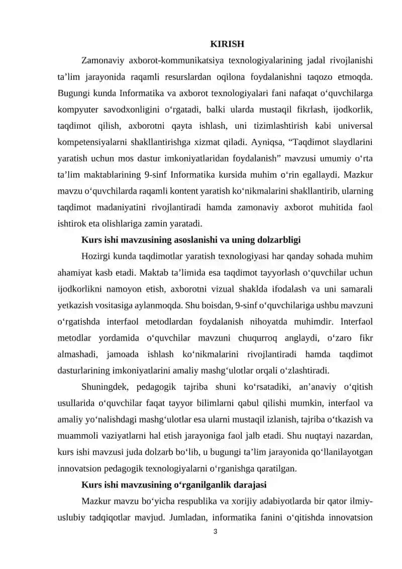 Umumiy o'rta ta'lim maktablarining 9-sinfida Informatika va AT fanidan "Taqdimot slaydlarini yaratish uchun mos dastur imkoniyatlaridan foydalanish" mavzusini o'qitishda interfaol metodlardan foydalanish 3