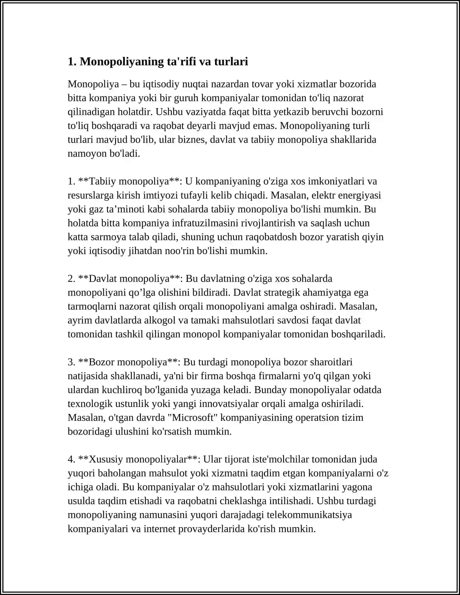 MONOPOLIYALAR, ULARNING AMAL QILISHI VA TARTIBGA SOLINISHI XUSUSIYATLARI 3