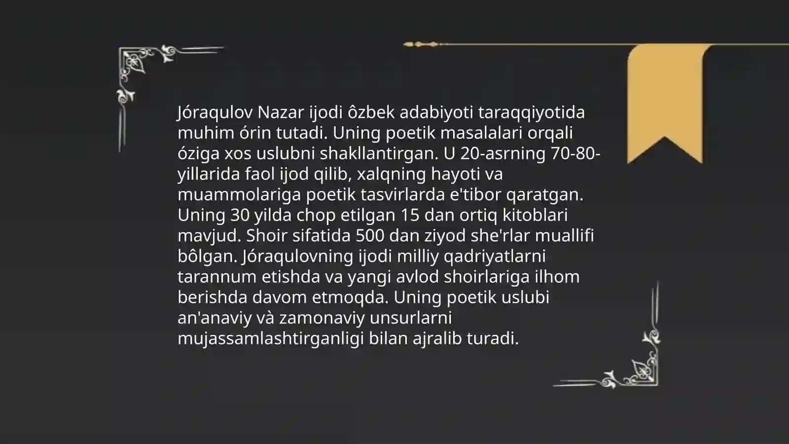 Jóraqulov Nazariy poetika masalalari.Muallif Janr. Xronotop kitobini óqib órganish. Baddiy asarlardagi poetika masalalari. Muallif Janr xronotop kabilar yoritiladi 3