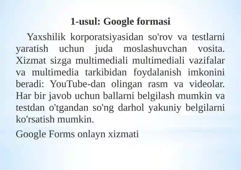 Googlexizmatlari: on-line-testshaklini yaratish 3