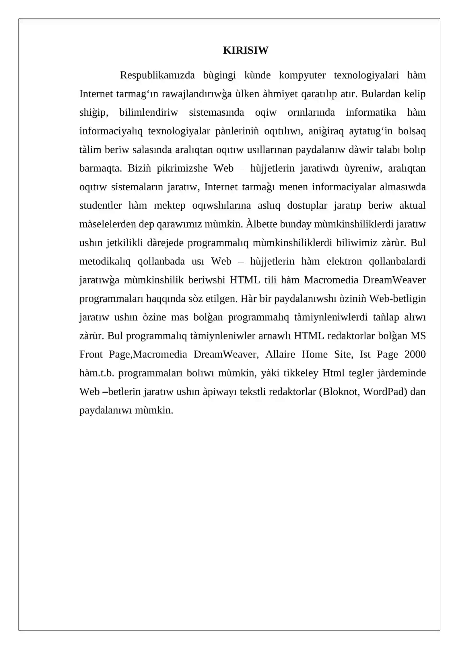 Adobe Dreamweaver programması jàrdeminde vizual tàrizde web-betlerdi jaratıw.Web-sayttı sınap kòriw hàm baspadan shig̀arıw 3