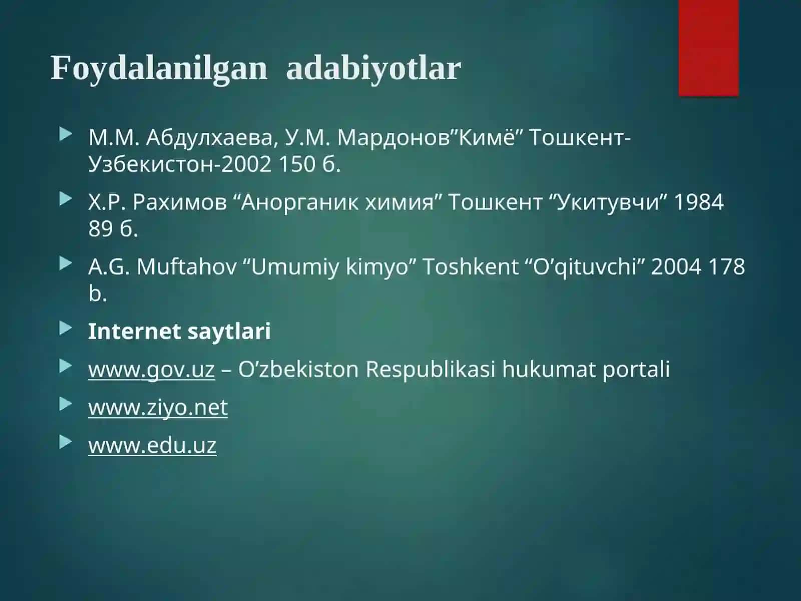 NOELEKTROLITLAR VA ULARNING ERITMALARI XOSSALARI. ELEKTROLITLAR VA ULARNING ERITMALARI XOSSALARI OKSIDLANISH QAYTARILISH REAKSIYALARI. SUV VA UNING XUSUSIYATLARI. METALLARNING UMUMIY XOSSALARI. QOTISHMALAR. METALLAR KORROZIYASI. ORGANIK KIMYO ASOSLARI. KIMYO VA EKOLOGIYA. KIMYOVIY MUVOZANAT 3