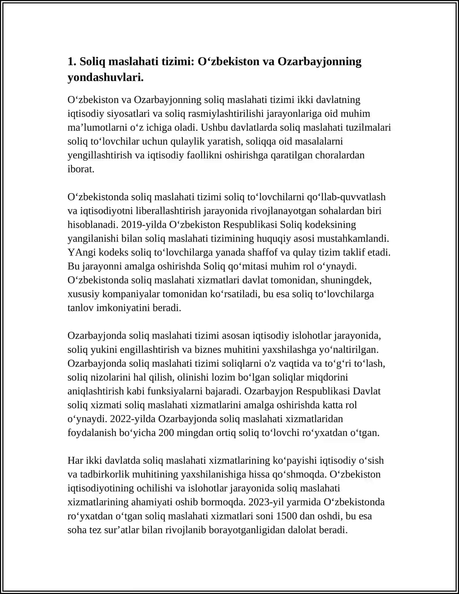 O'ZBEKISTON VA OZARBAYJON MAMLAKATLARIDA SOLIQ MASLAHATI BO‘YICHA MIJOZGA KO‘RSATILGAN SOLIQ MASLAHATI BO‘YICHA HISOBOT TUZISH VA TAQDIM ETISHNING QIYOSIY TAHLILI 3