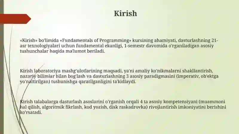 Dasturlash asoslari fanidan laboratoriya ishlarini o’tkazish metodikasi 3