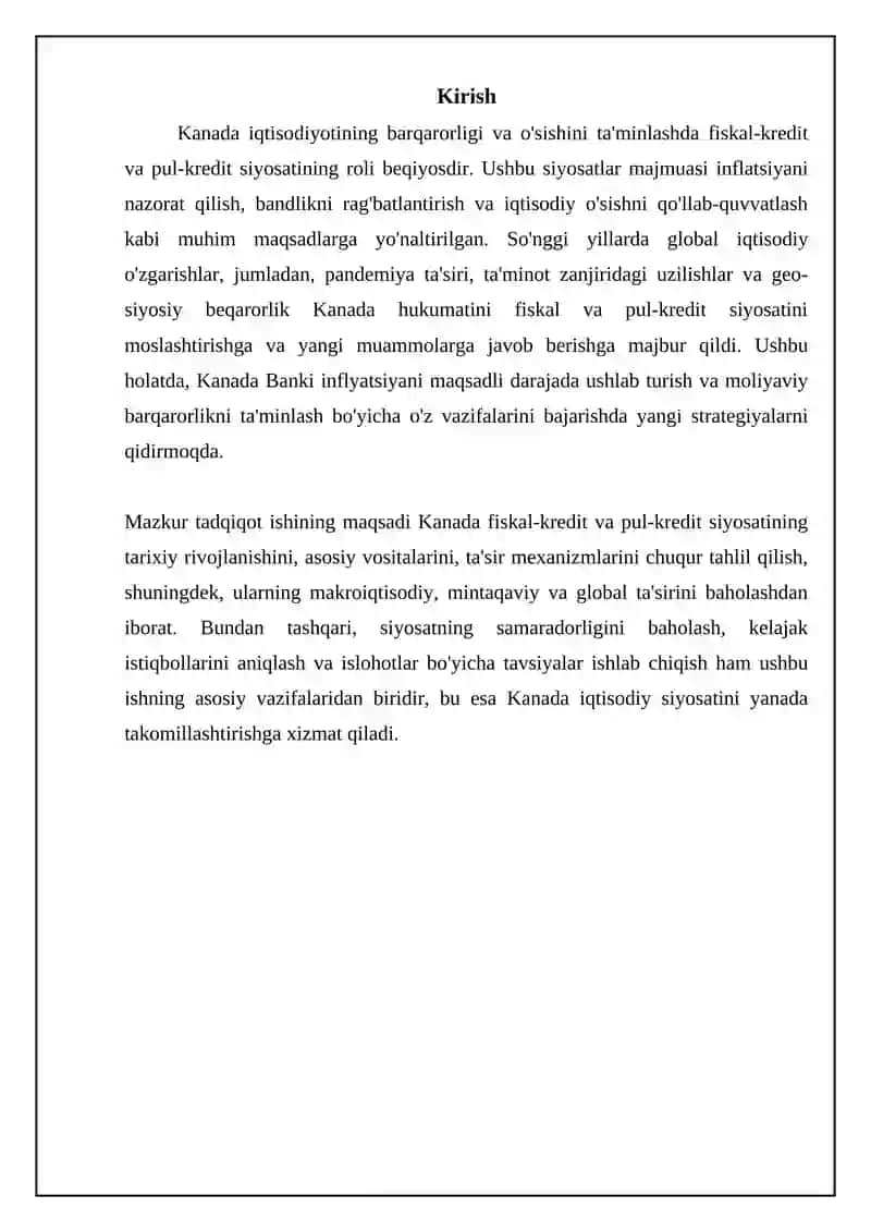 REFERAT: Kanadaning Pul-Kredit va Monetar Siyosati Tahlili 3