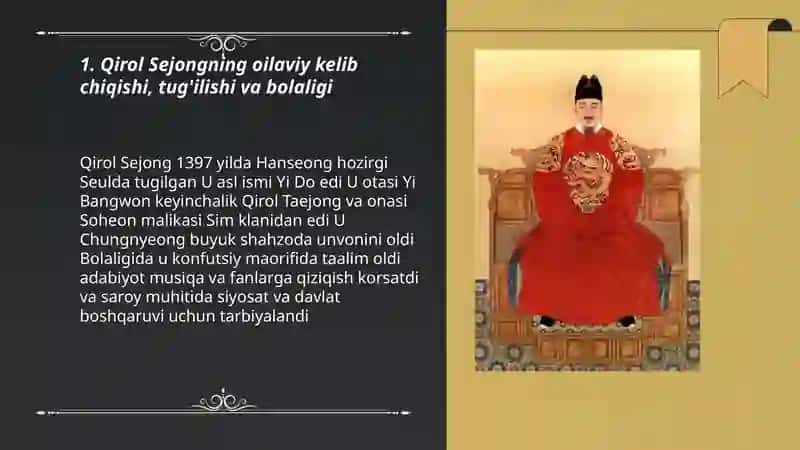 Qirol sejong hayoti, davlat boshqaruv tizimi va qilgan islotlari va xulosa haqida 3
