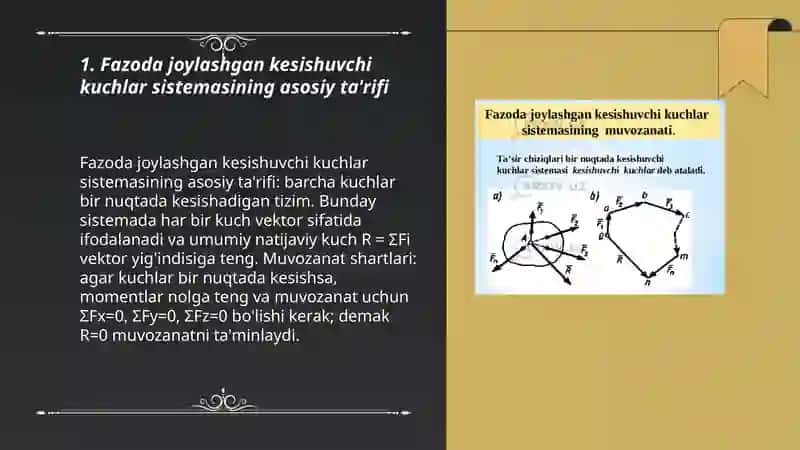 Fazoda joylashgan kesishuvchi kuchlar sistemasining asosiy ta'rifi 3