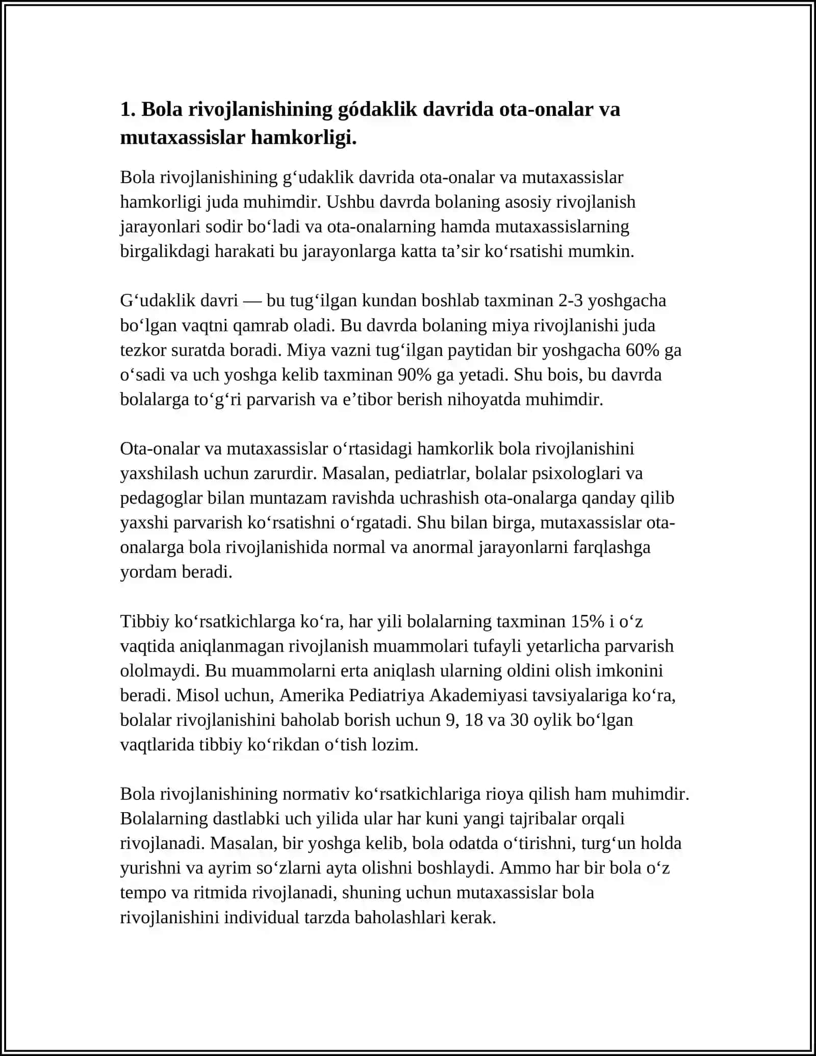 BOLA RIVOJLANISHINING GÓDAKLIK, ILK YOSH VA MAKTABGACHA DAVRLARIDA OILADA TARBIYALASHDA OTA-ONALAR VA MUTAXASSISLARNING ÓZARO HAMKORLIGINING ASOSIY YOʻNALISHLARI 3