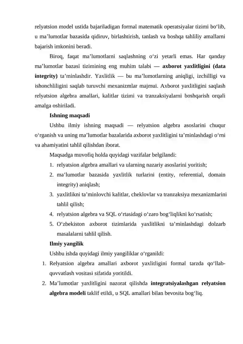 Relyatsion algebra va maʼlumotlar bazasida axborot yaxlitligi 3