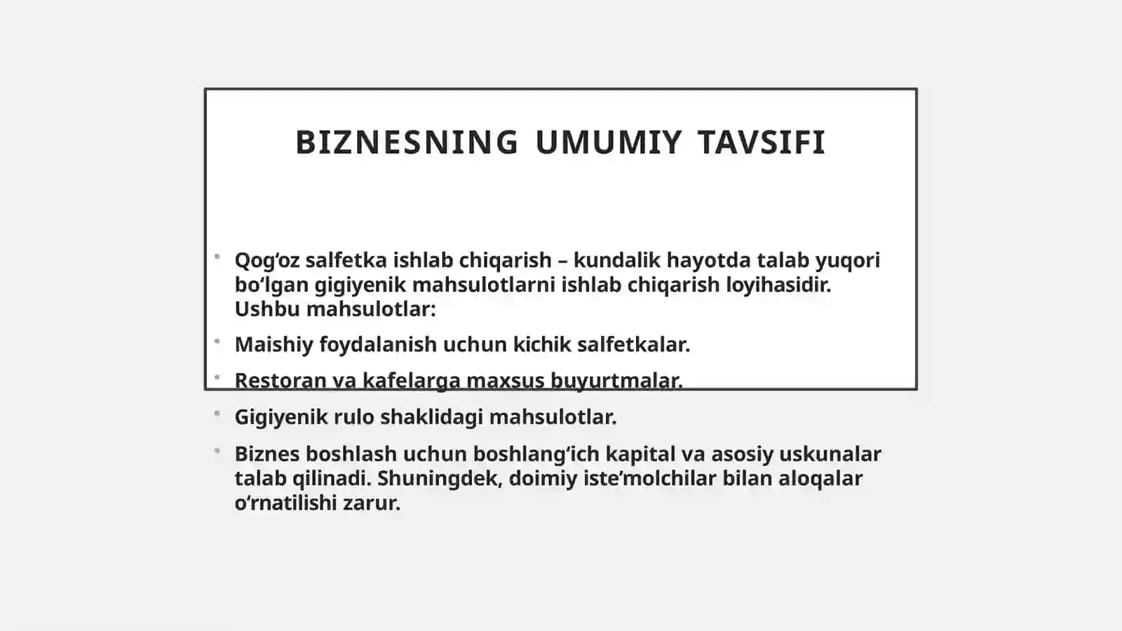 TADBIRKORLIK FAOLIYATINI TASHKIL ETISH QOG’OZ SALFETKA SOHASIDA 3