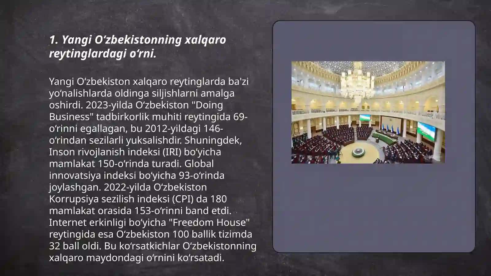 Yangi O‘zbekiston ijtimoiy-siyosiy, iqtisodiy va madaniy hayotida ro‘y berayotgan o‘zgarishlarning xalqaro reyting va indekslarda aks etishi 3