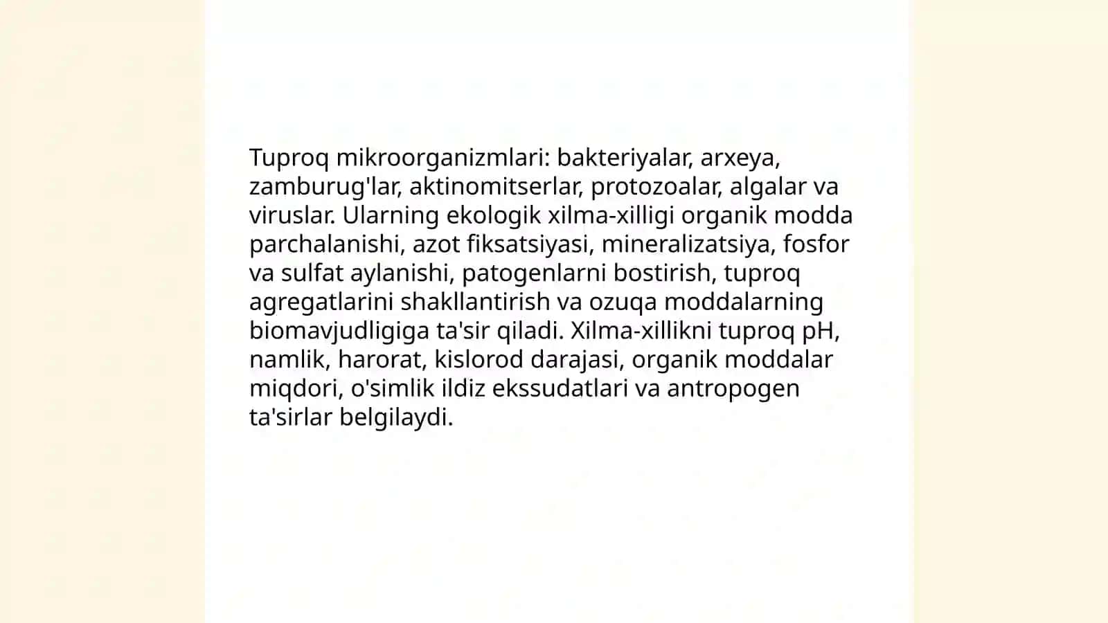 Tuproq biologiyasining asosiy yo'nalishlari va uni o'rganishda qo'llaniladigan asosiy asbob-uskunalar, reaktivlar va oziqa muhitlar 3