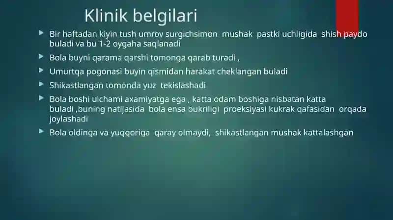 Bo‘yin mushaklarining tug‘ma qiyshiqligi   klinikasi  tashxisi va davolash. Tug‘ma maymoqlik klinika tashxis va davolash. 3