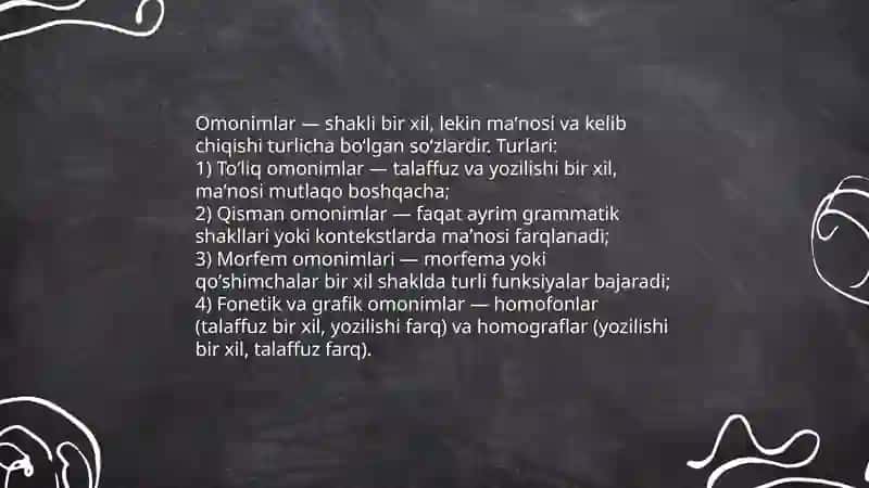 Soʻzlarning shakl va maʼno munosabatiga koʻra turlari (Omonimlar va sinonimlar) 3