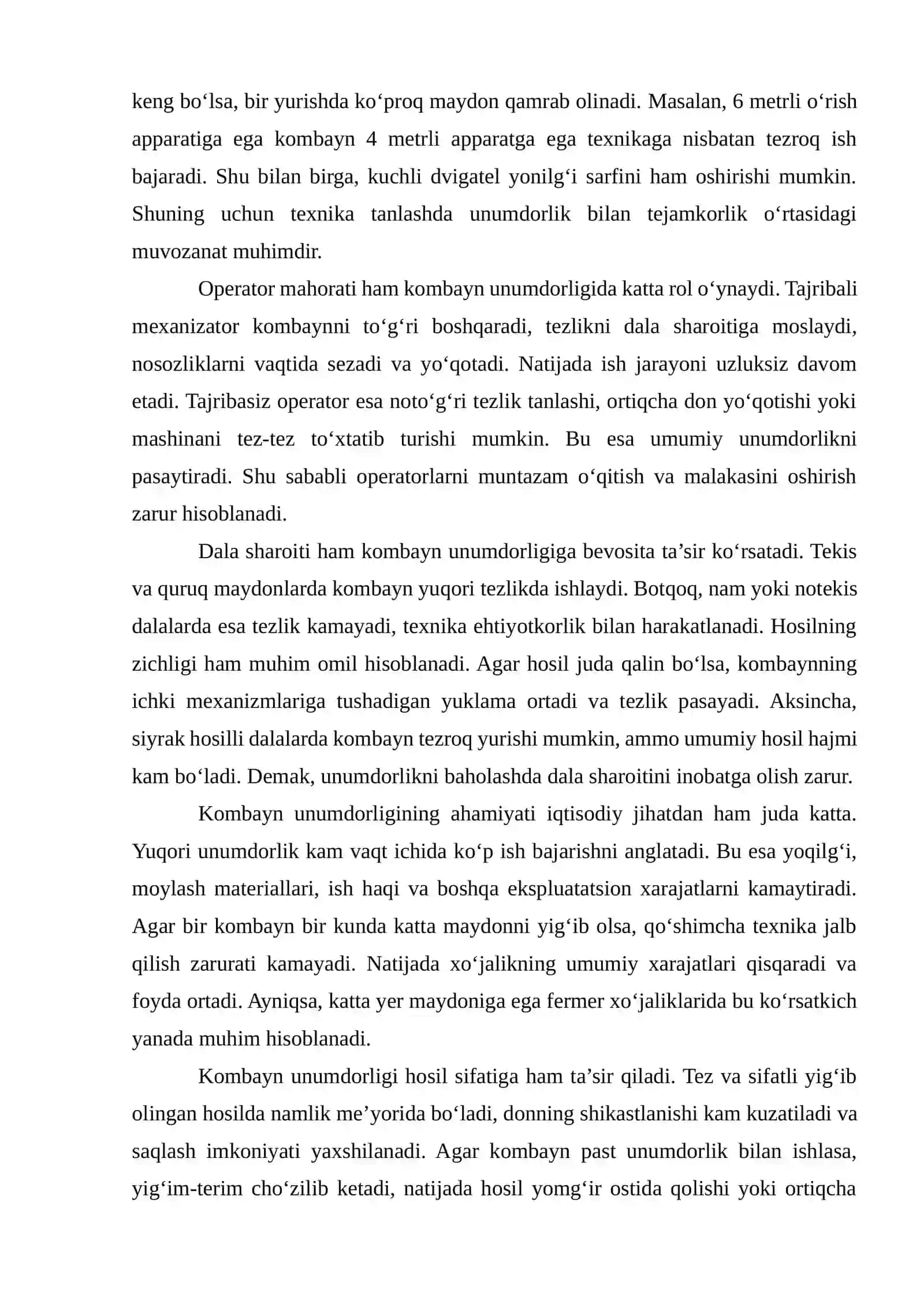 Kombayn unumdorligi va ishlash koʻrsatkichlarini aniqlash 3
