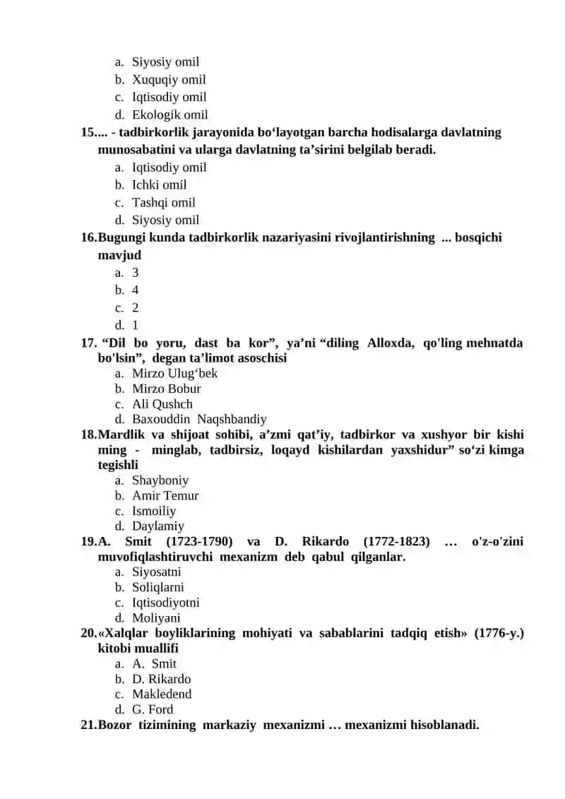 Tadbirkorlik asoslari fanining predmeti mavzusidan testlar 3