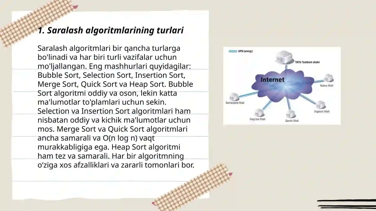 Real-World Application: Saralash algoritmlarining haqiqiy dasturlarda qanday qo'llanilishini o'rganing va biror bir muammoga qo'llang (masalan, katalogni saralash, ma'lumotlarni tartibga solish) 3