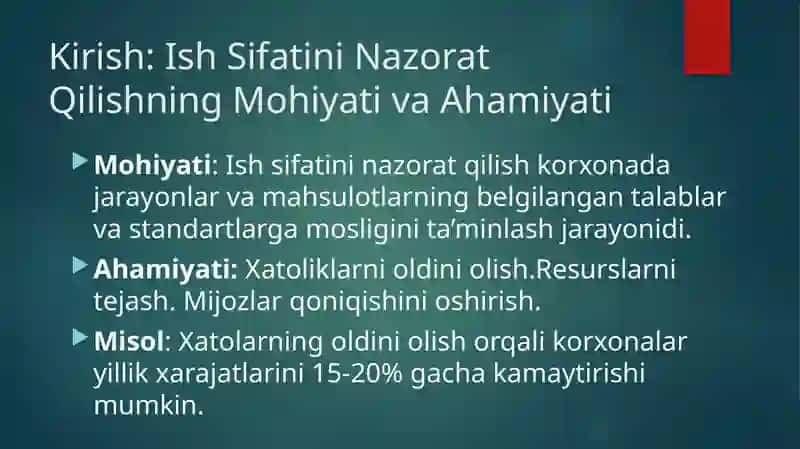 Ish sifatini nazorat qilishning dastlabki, joriy va keyingi nazorat bosqichlari 3