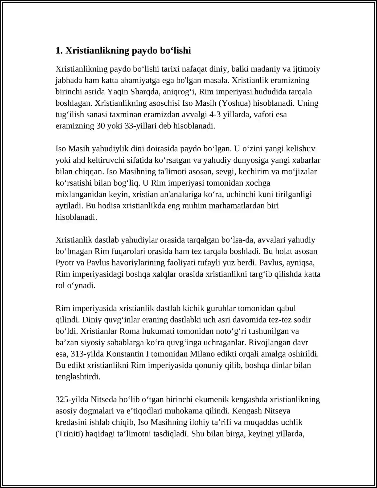 REFERAT: XRISTIANLIKNING PAYDO BO‘LISHI, AQIDALARI, ASOSIY YO‘NALISHLARI, TAʼLIMOTLARI VA MANBALARI 3