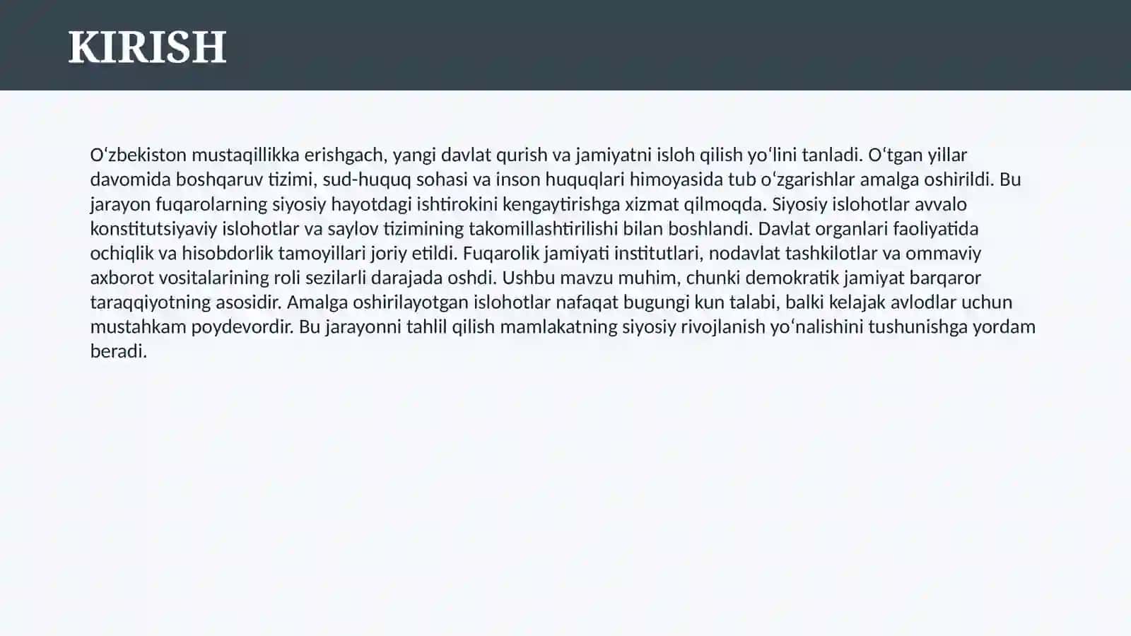 O’ZBEKISTONDA DEMOKRATIK, FUQAROLIK JAMIYATI ASOSLARINING SHAKLLANISHI, AMALGA OSHIRILGAN SIYOSIY ISLOHOTLAR 3