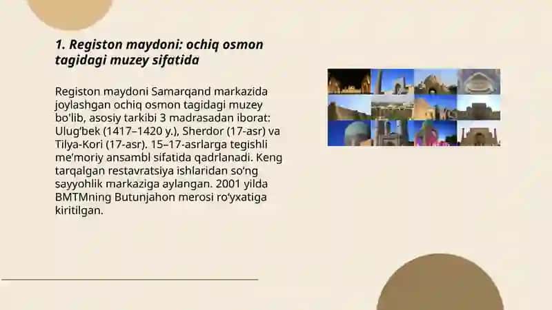 Registon maydoni: ochiq osmon tagidagi muzey sifatida 3