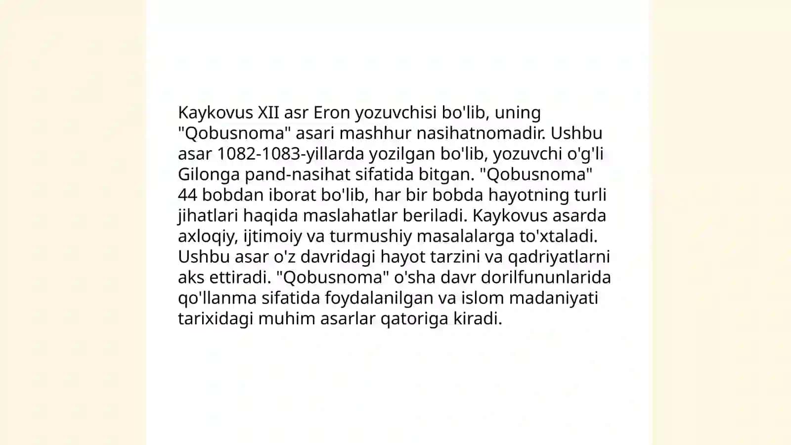 Kaykovusning "Qobusnoma", Nizomulmulkning "Siyosatnoma" asarlari tahlili 3
