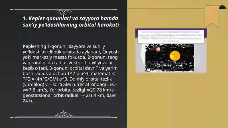 Sayyora va sunʼiy yoʻldoshlarning harakati kosmik tezliklar 3