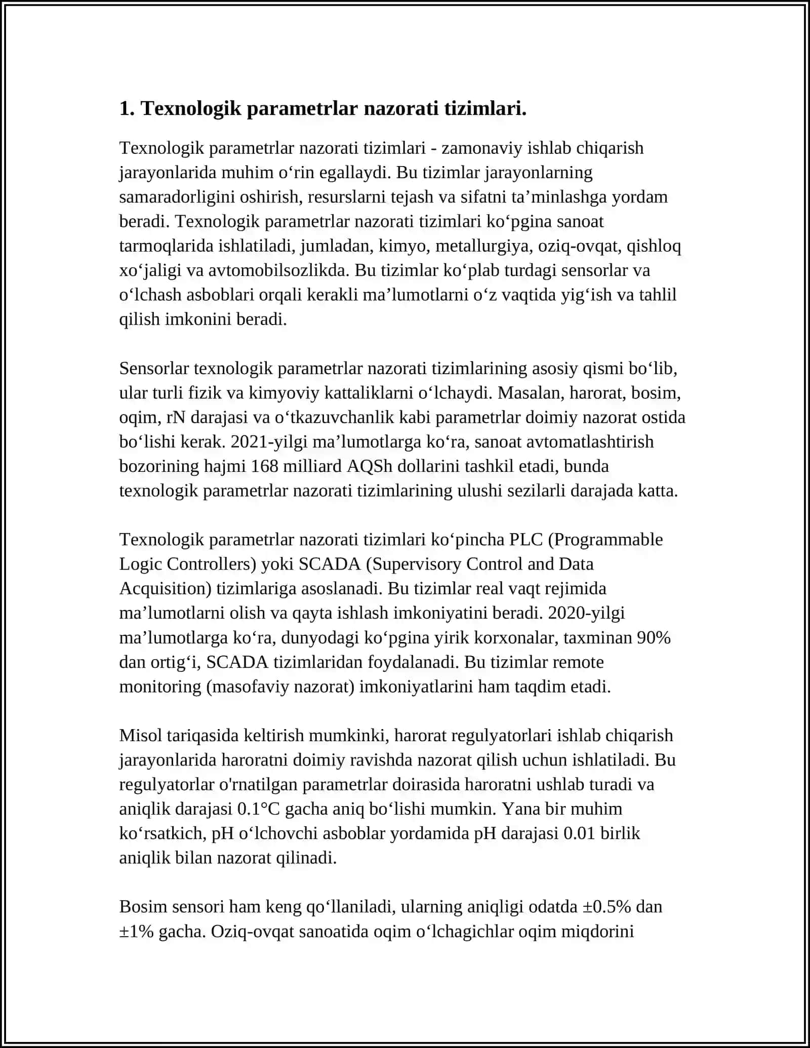 HAR BIR TEXNOLOGIK PARAMETR BO‘YICHA NAZORAT QILISH TIZIMINI TUZUSH VA TIZIMNING TASHKIL ETUVCHILARI VA O‘LCHASH VOSITALARINI ISHLASHINI TAMINLOVCHI SILJITUVCHI KUCH VA MANAMETRLAR KETMA KETLIGI 3