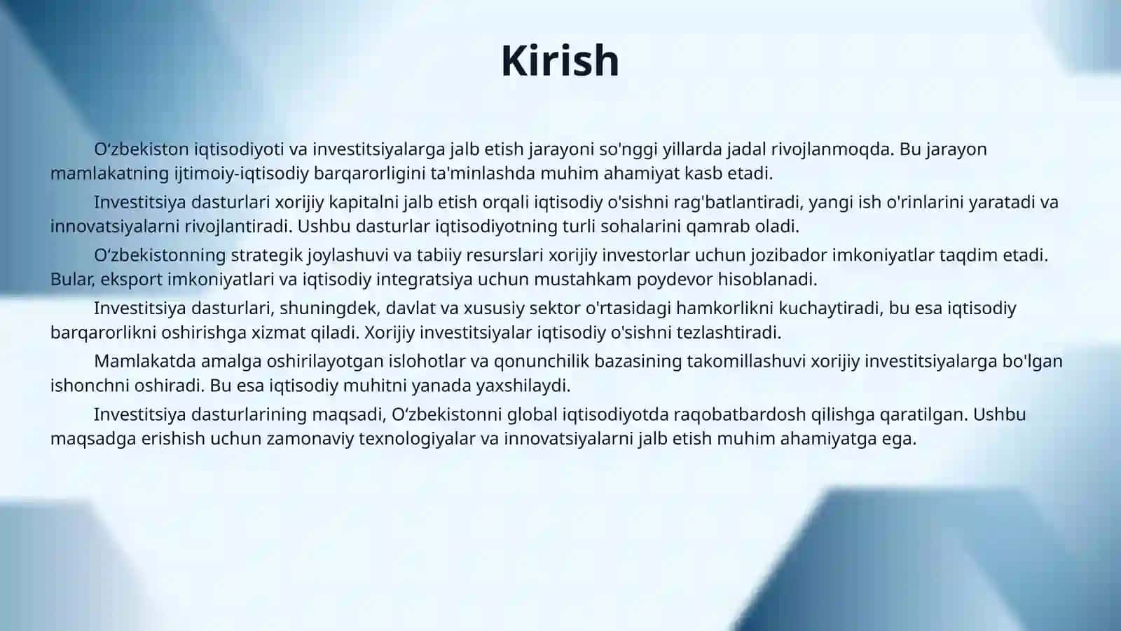 O‘zbekistonning investitsion dasturi. O‘zbekiston iqtisodiyotiga xorijiy investitsiyalarni jalb etish. 3