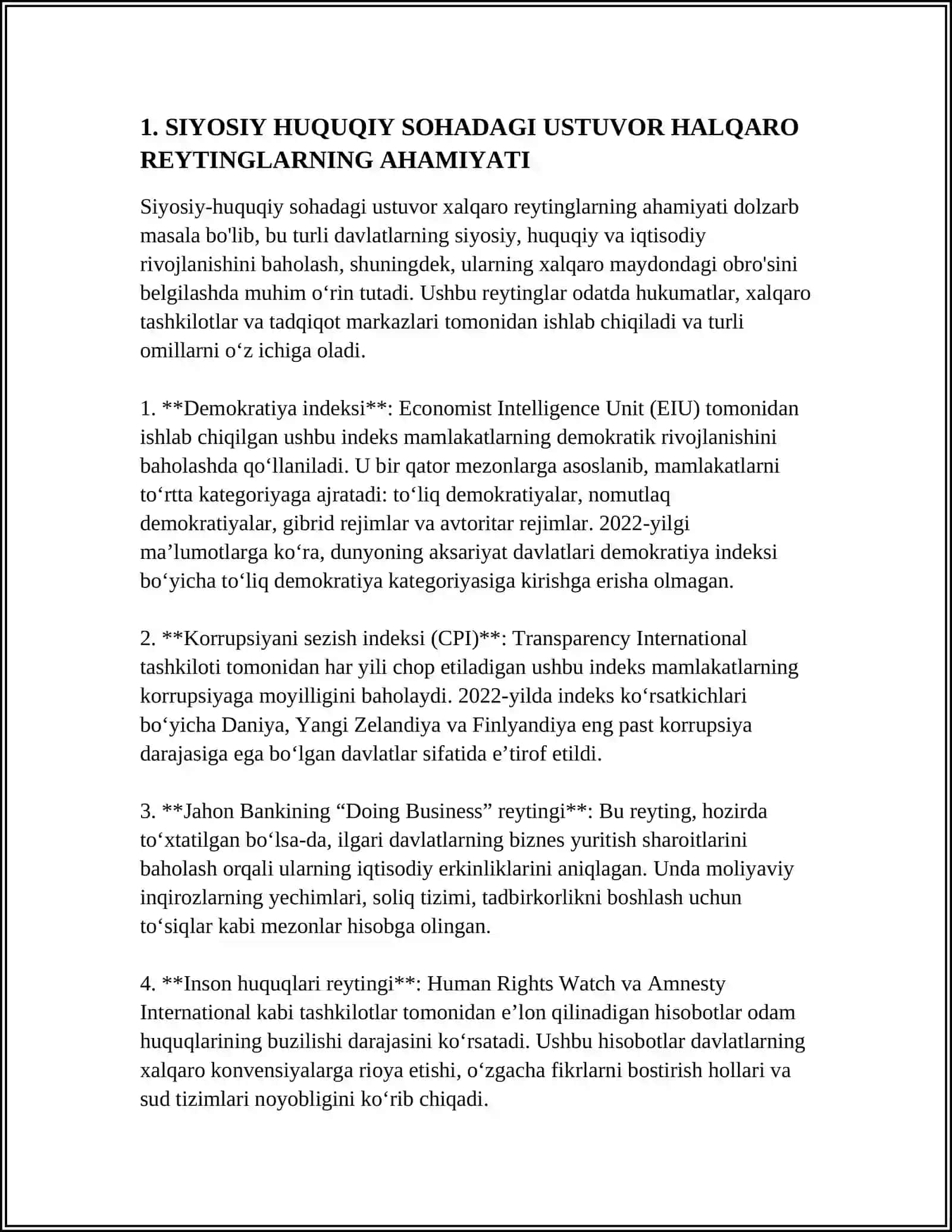 SIYOSIY HUQUQIY SOHADAGI USTUVOR HALQARO REYTINGLAR VA ULARGA O'ZBEKISTON INTEGRASIYALASHUVI 3