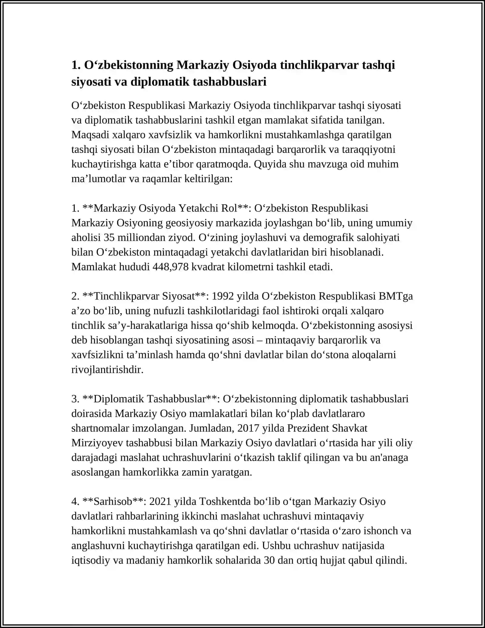 O‘ZBEKISTONNING MARKAZIY OSIYODA TINCHLIK VA BARQARORLIKNI TA’MINLASHDAGI O‘RNI 3