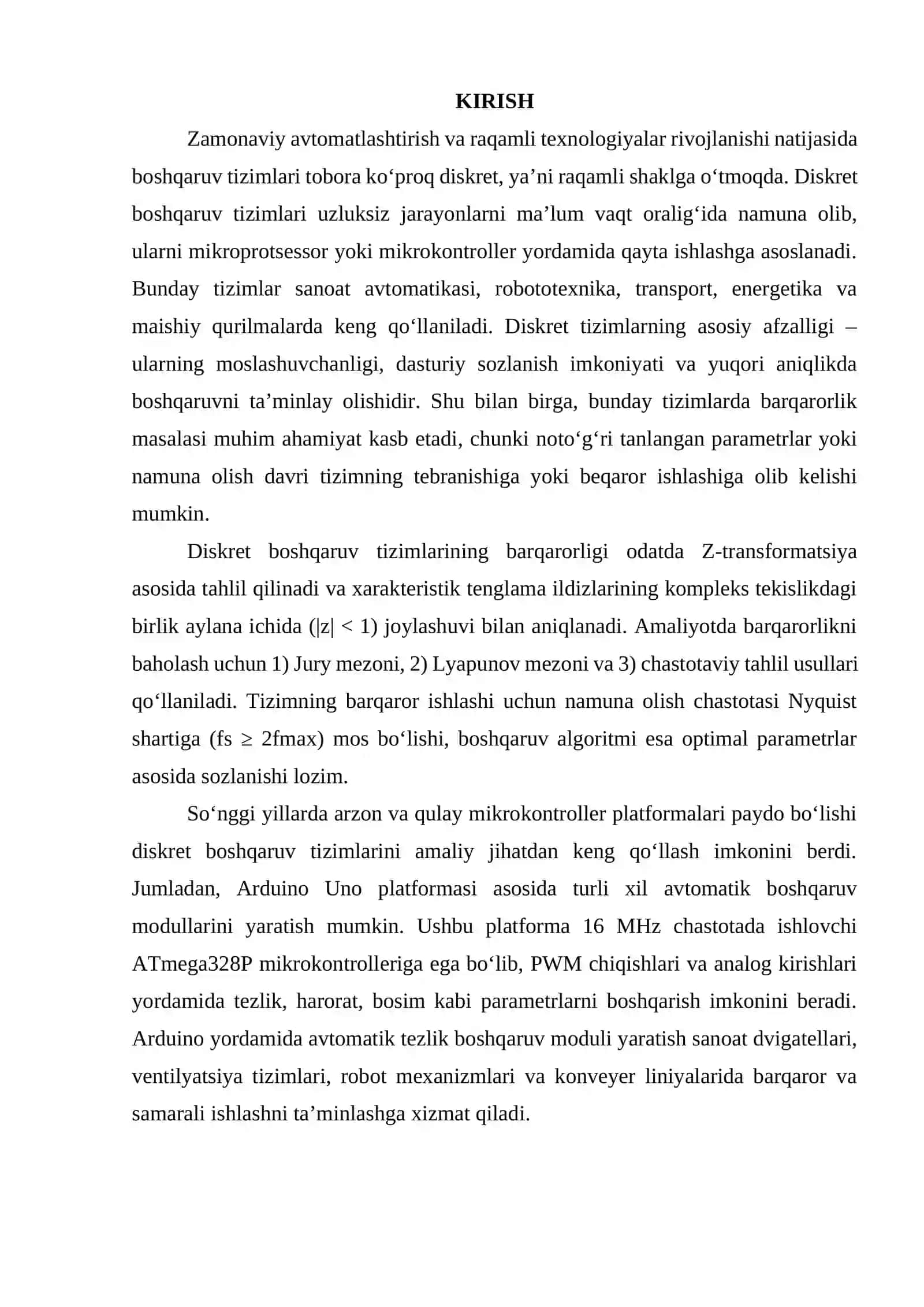 Diskret boshqaruv tizimlarining barqarorlik mezonlari. Arduino bilan avtomatik tezlik boshqaruv moduli yaratish. 3