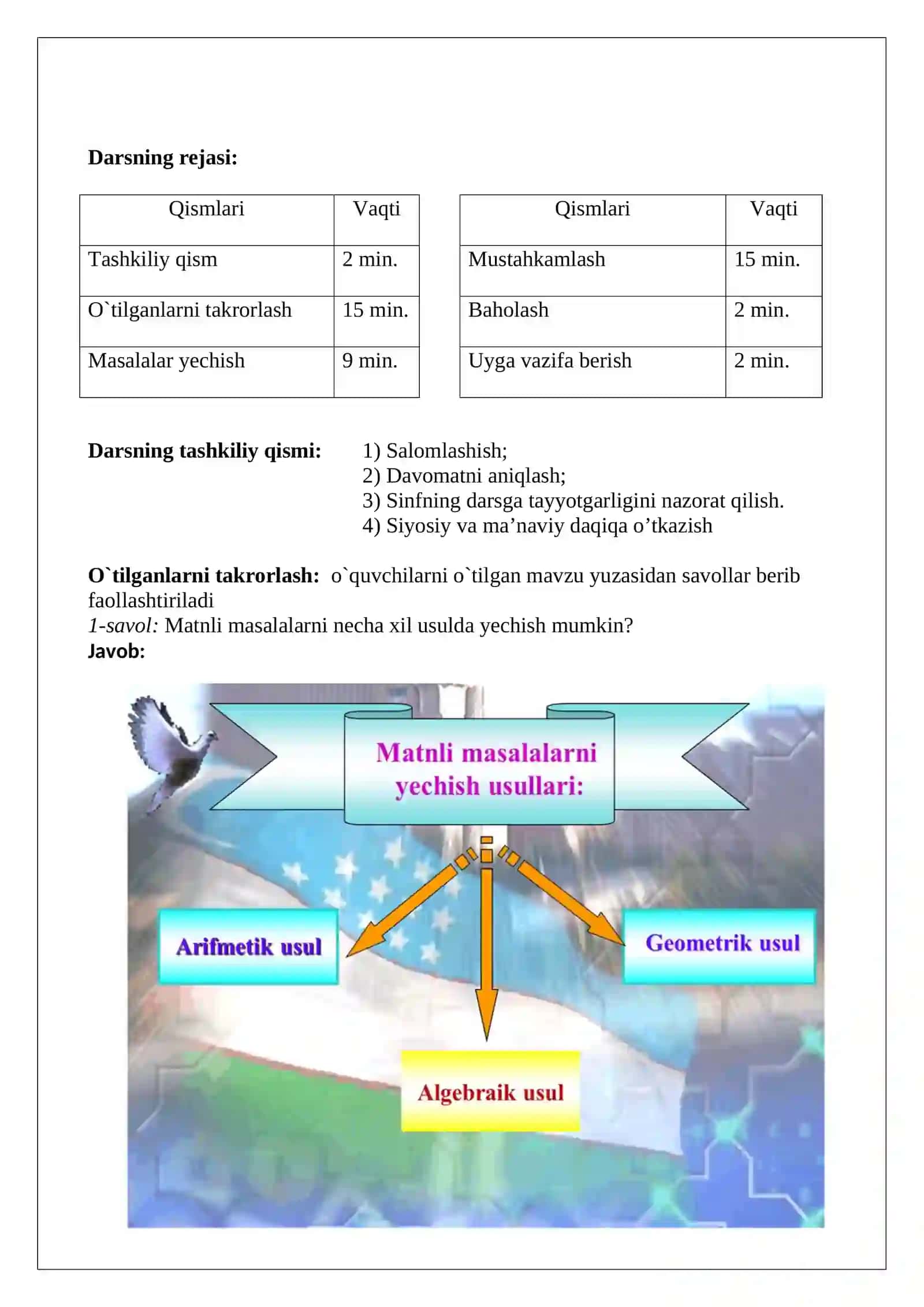 7-sinf Algebra fanidan Masalalarni tenglama yordamida yechish dars ishlanma 3