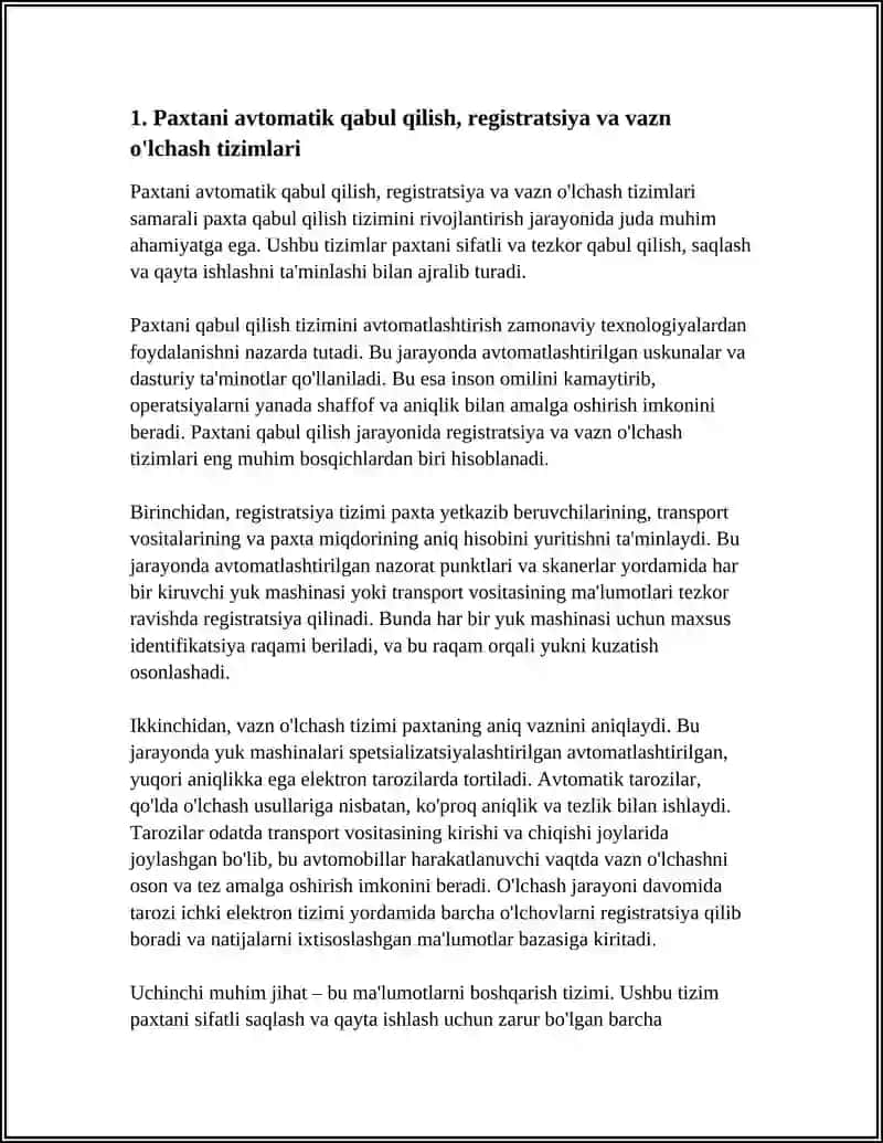 Paxtani Qabul Qilish Tizimni va Buntlangan Paxtani Saqlash Jarayonini Avtomatlashtirish 3