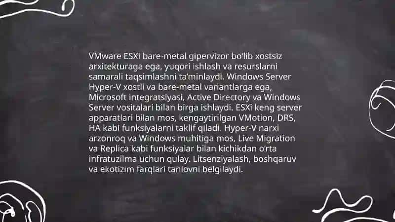 Windows Server uchun Hyper texnologiyasidan farqli boshqa virtulializatsiya texnologiyalar 3