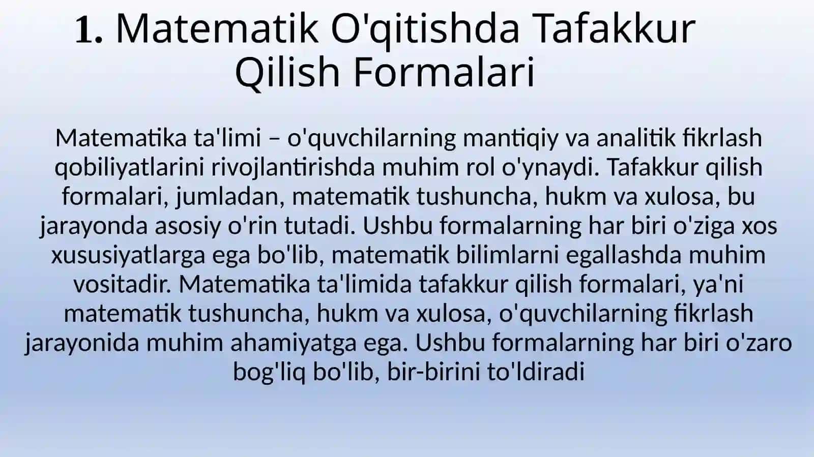 Matematika o`qitishda tafakkur qilish formalari. Matematika o`qitish jarayonida tafakkur kilish formalari: matematik tushuncha, matematik hukm va matematik xulosa   haqida taqdimot 3