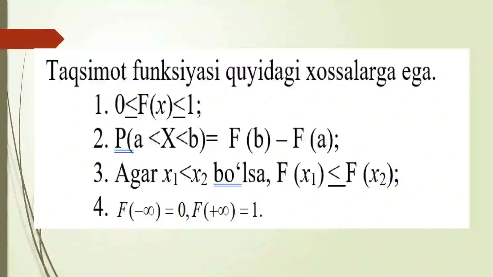 Uzluksiz tasodifiy miqdorning taqsimot va zichlik funksiyalari 3