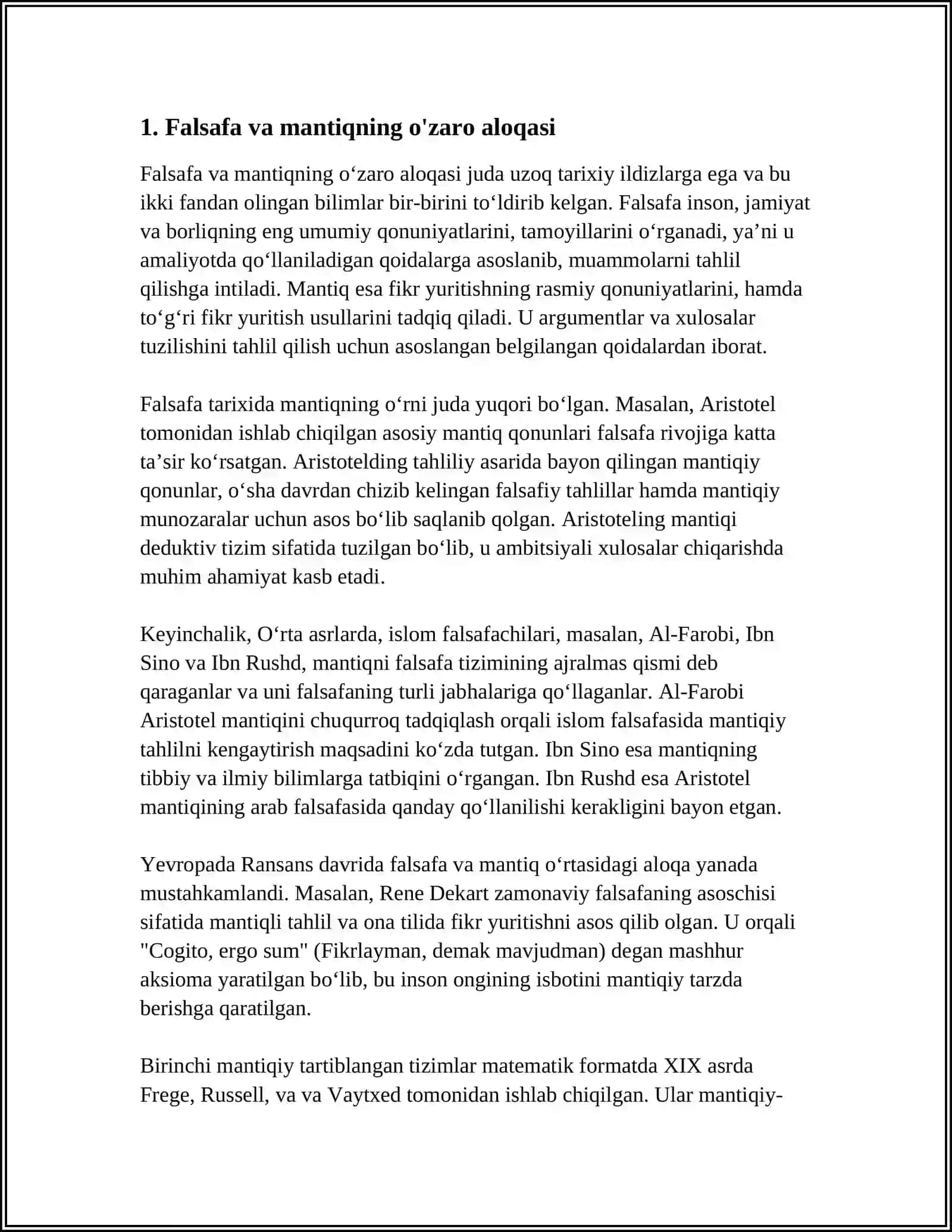 FALSAFA VA MANTIQ.MANTIQNING QONUNLARI, FALSAFIY TAFAKKURDAGI AHAMIYATI.TAFAKUR VA UNING ASOSIY SHAKLLARI.ARGUMENTATSIYA TANQIDIY FIKRLASH ASOSI SIFATIDA 3