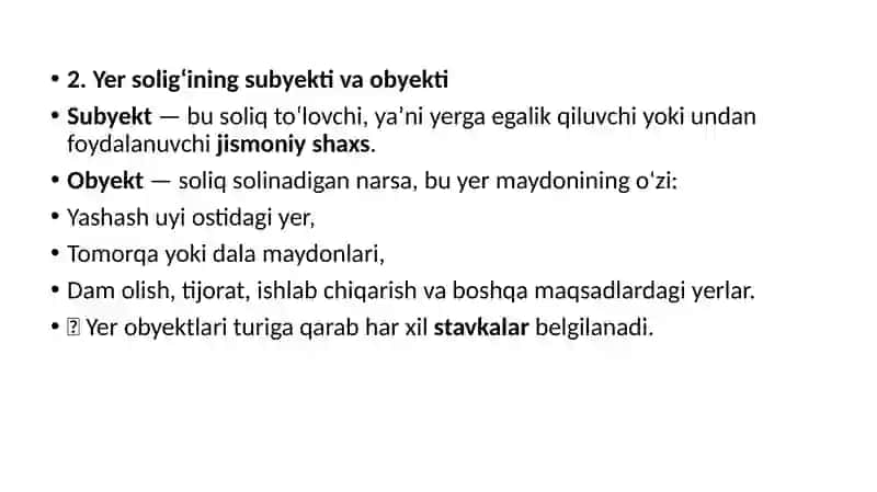 Jismoniy shaxslardan olinadigan yer soligʻi;soliq toʻlovchilar,soliq solish subyekti va soliq bazasi 3