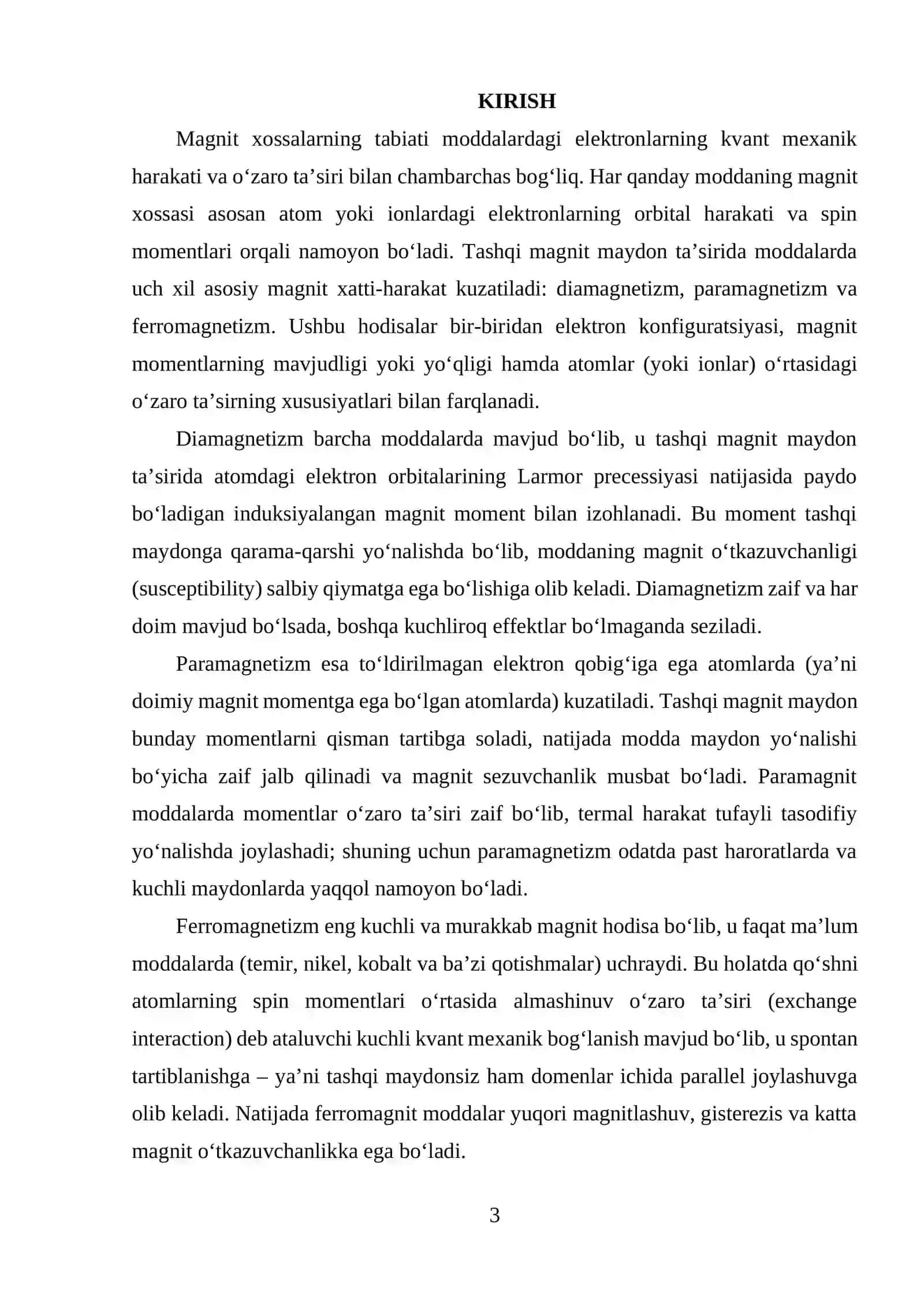 Diamagnetizm, Paramagnetizm va Ferromagnetizm tabiati 3