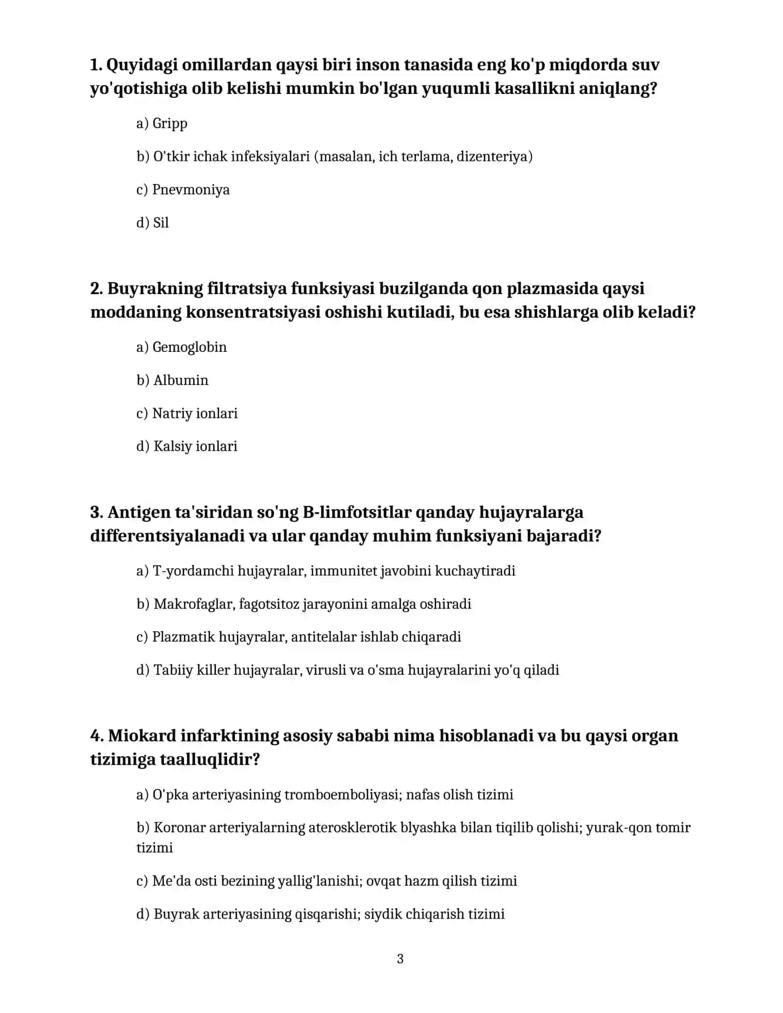 TIBBIYOTGA OID UMUMIY BILIMLAR TESTI VA SAVOL-JAVOBLAR TO'PLAMI 3