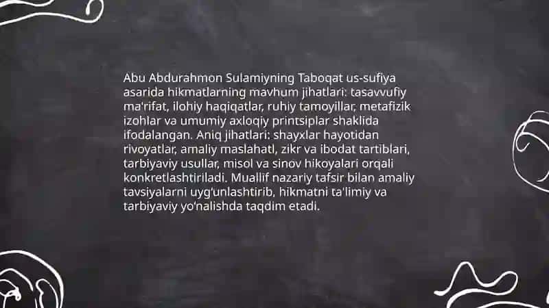 Abu Abdurahmon Sulamiyning Taboqat us sufiya asarida ifodalangan hikmatlarni o'rganish 3