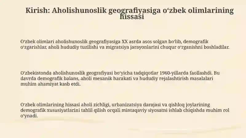 Oʻzbekolimlarining aholigeografiyasimuammolarigaqoʻshganhissasi 3