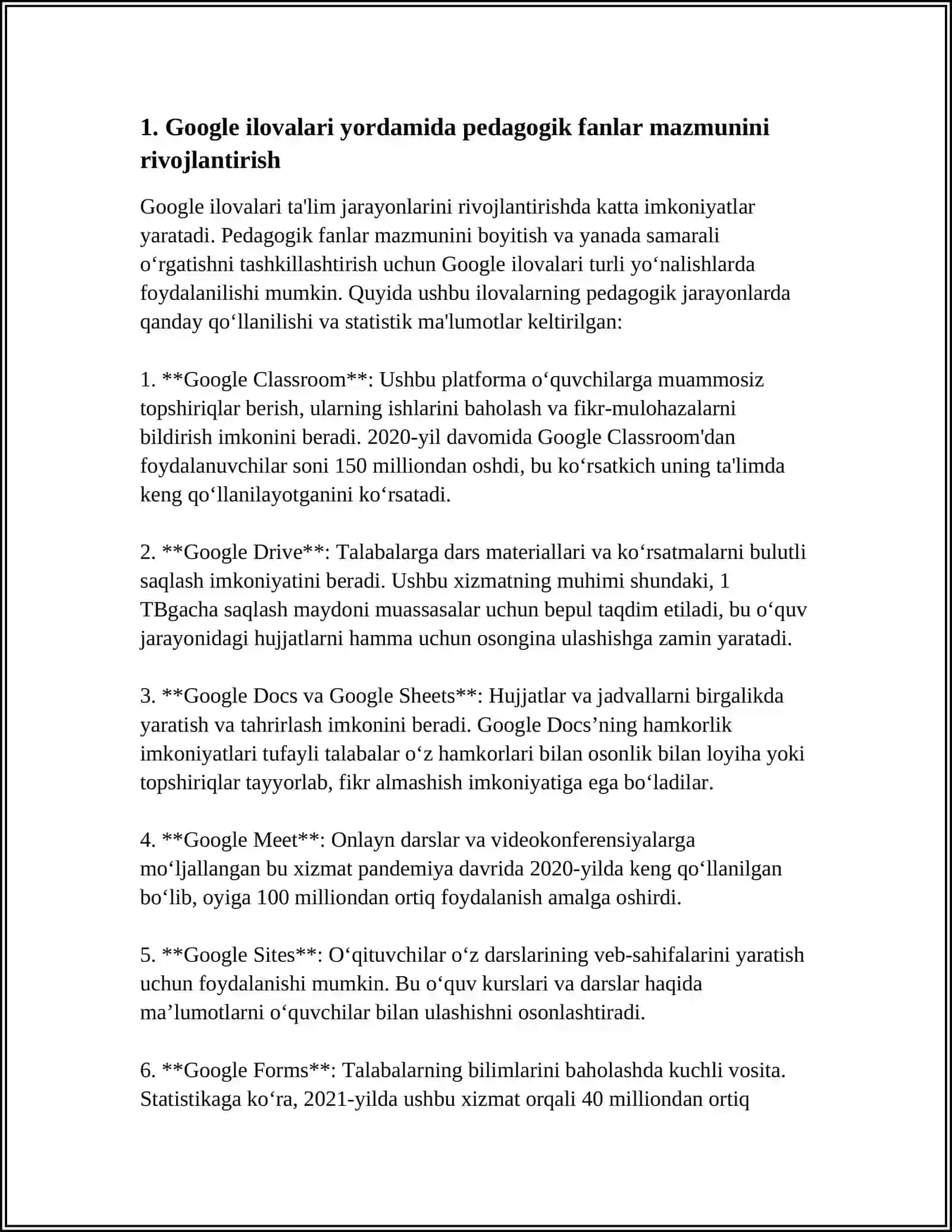 MUSTAQIL ISH Mavzu: GOOGLE ILOVALARI YORDAMIDA PEDAGOGIK FANLARNI ÔQITISHNING MAZMUNI 3